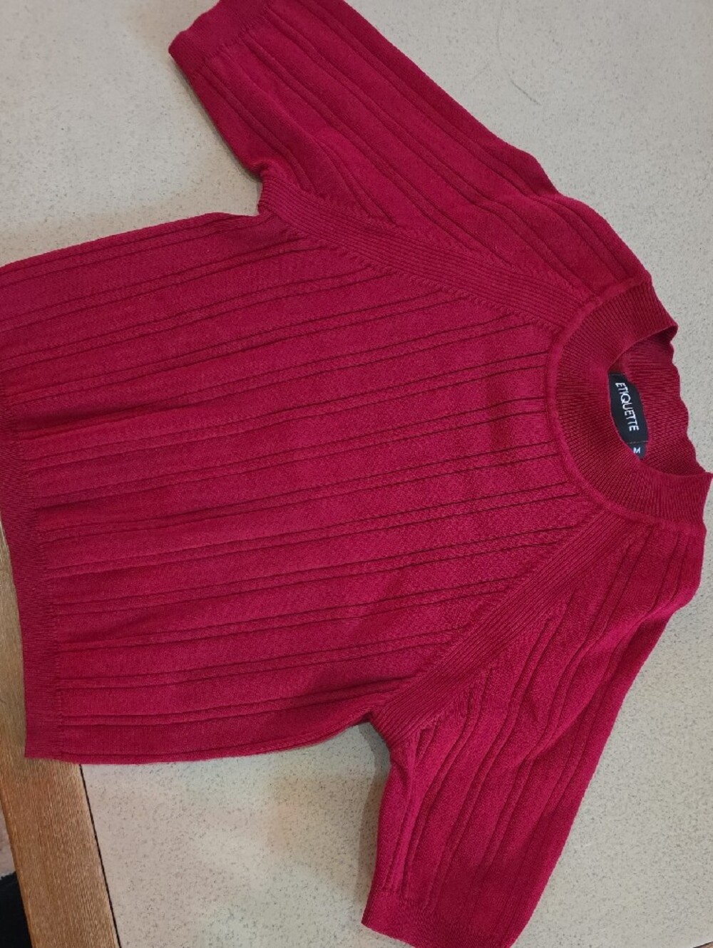 Etiquette Clothiers Raspberry Red Ribbed Crewneck Sweater - Picture 3 of 3